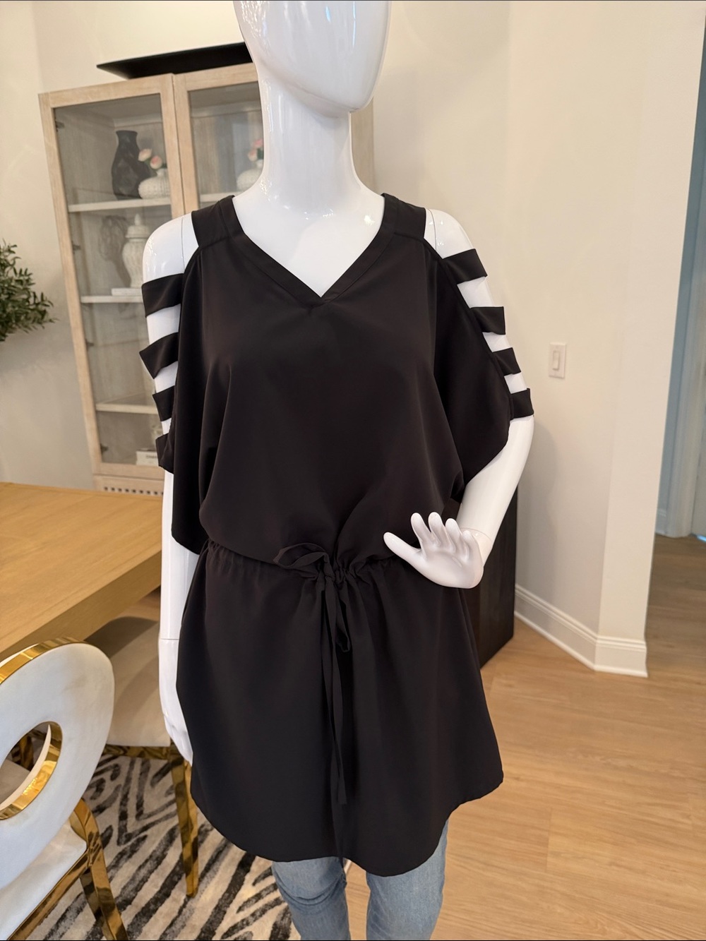 Women's Black Cold-Shoulder Drawstring Tunic Top
